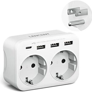 LENCENT Travel Adaptor USA Germany Plug, Type B Socket, Travel Plug with 1 USB-C & 3 USB-A Ports, Double EU Schuko to USA for American, Mexico, Canada, Thailand, Costa Rica Sockets