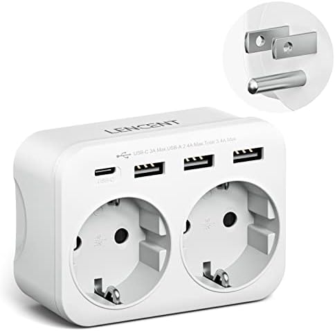 LENCENT Travel Adaptor USA Germany Plug, Type B Socket, Travel Plug with 1 USB-C & 3 USB-A Ports, Double EU Schuko to USA for American, Mexico, Canada, Thailand, Costa Rica Sockets