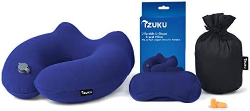 IZUKU Travel Pillow, Ideal for Travel, Office and Home, Neck Pillow with Supporting Function, Inflatable Neck Pillow with the Egornomic Design, Soft Neck Support Pillow (Navy Blue)