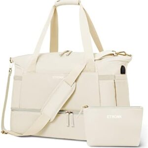 ETRONIK Gym Bag for Women, Sports Travel Duffel Bag with USB Charging Port, Weekender Overnight Bag with Wet Compartment and Shoe Compartment for Women Travel, Gym, Yoga, A-Beige-Medium, Medium