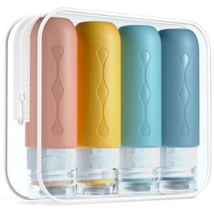 Silicone Travel Bottles 90 ml Set, Gemice 4-Piece Leak-Proof Travel Container and Toiletries Set, FDA Approved Refillable Liquid Container for Shampoo, Cream, Conditioner, Body Care