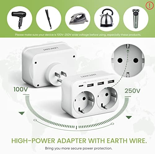 LENCENT Travel Adaptor USA Germany Plug, Type B Socket, Travel Plug with 1 USB-C & 3 USB-A Ports, Double EU Schuko to USA for American, Mexico, Canada, Thailand, Costa Rica Sockets - Image 5