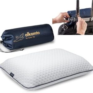 alkamto Travel Pillow, Camping Pillow, Ergonomic Memory Foam Pillow with Temperature-Regulating Cover, Oeko-Tex, Made in Green