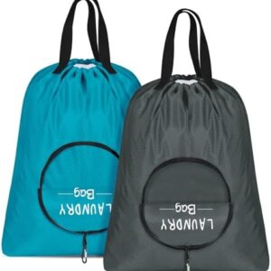 Pack of 2 Laundry Bags Travel, Laundry Bags Dirty Laundry with Handles and Aluminium Carabiner, Foldable Small Laundry Bags for Travel, Camp, Easy to Put in a Laundry Basket (Blue + Dark Grey)
