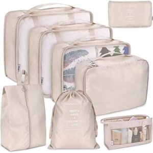 Travel Packing Cube, 8 Piece Set Travel Cubes Foldable Luggage Storage Bag Lightweight Luggage Storage Bag (Beige)