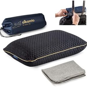 alkamto Travel Pillow - Camping Pillow - Memory Foam with Extra Cotton Cover - Includes Bag - Orthopaedic Neck Support Pillow Visco Foam - Temperature Regulation (40 x 25 x 10 cm, Black)