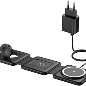 Mag-Safe Charging Station for iPhone Wireless Charger, 3-in-1 Foldable Wireless Charger Compatible with iPhone 14, 13, 12, 11 Pro Max Plus, Travel Charging Station for Apple Watch and Air Pods