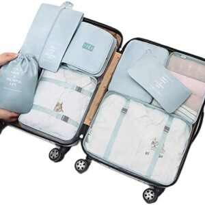 8 Piece Packing Cube Set, Travel Luggage Organiser, Storage Bags, Suitcases, Packaging, Includes Updated Toiletry Bag, Laundry Bag and Shoe Bag (Beige) (Sky Blue)