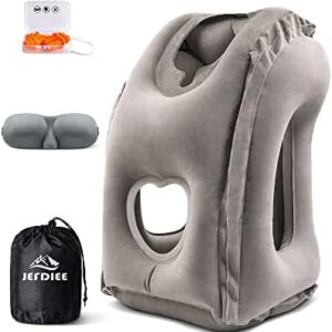 JefDiee Inflatable Neck Pillow, Aeroplane Travel, Portable Travel Pillow, Neck Support Pillow, Comfortable Supports Head and Chin, Pillow for Trains, Cars, Office, Home, with 3D Eye Mask, Earplugs