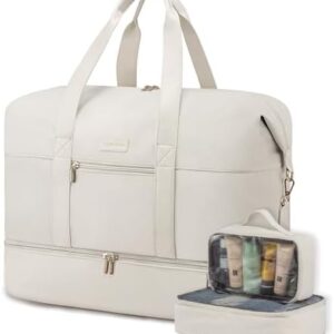 LOVEVOOK Women's Travel Bag, Sports Bag, Weekender Hand Luggage Bag for Airplane, Hospital Bag, Birth, Garment Duffle Bag, Travel Bag with Toiletry Bag, Shoe Compartment, beige, travel bag