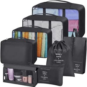 Suitcase Organiser, Travel Garment Bags, 8-Piece Suitcase Organiser, Packing Cubes, Clothes Bags, Shoe Bag, Travel Organiser for Clothes, Shoes, Underwear, Cosmetics, Black