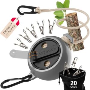 AUTDOOR® Extendable Washing Line with Practical Crank - Extra Long 8 m Cord - Perfect for Camping & Travel (Black/Grey)