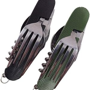 Hiwalker 6 in 1 Stainless Steel Folding Cutlery Camping Cutlery Set Outdoor Travel Cutlery Kit Removable Tableware Apply to Hiking Travel Picnic Camping Festival (Black and Green)