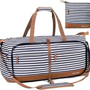 Lekesky Women's Foldable Travel Bag Sports Bag Weekender with Shoe Compartment, blue striped, 60L