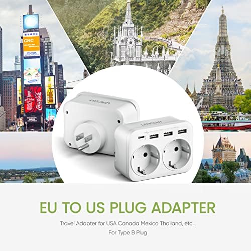 LENCENT Travel Adaptor USA Germany Plug, Type B Socket, Travel Plug with 1 USB-C & 3 USB-A Ports, Double EU Schuko to USA for American, Mexico, Canada, Thailand, Costa Rica Sockets - Image 2
