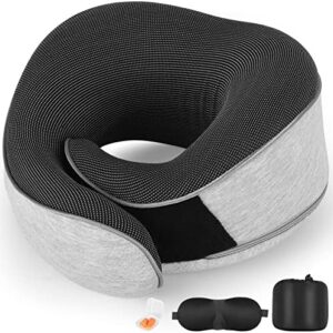 AYhome Travel Pillow, Memory Foam Neck Pillow for Travel, Portable Flight Pillow, Travel Pillow for Airplane with Eye Mask and Ear Plugs (Light Grey)