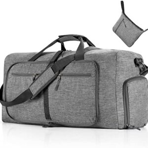 Vomgomfom Foldable Travel Bag, Packable and Lightweight Duffel Bag with Shoe Compartment, Weekender Bag for Men and Women, Waterproof and Tear-Resistant, B Dark grey, Travel