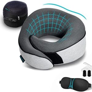 Proglobe Aeroplane Neck Pillow, Travel Pillow, 100% Memory Foam, Orthopaedic Neck Pillow, Ideal for Travel by Plane, Car, Train, with 3D Sleeping Mask, Earplugs, High-Quality Mesh Bag, Grey